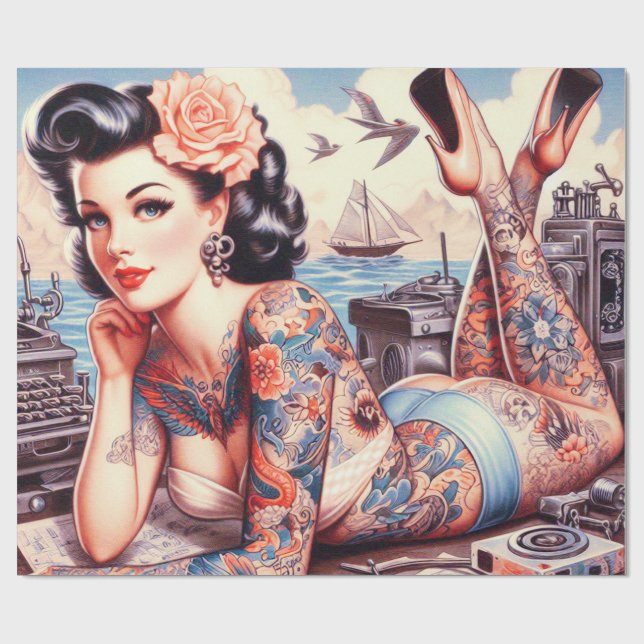 Vintage Tattoo Old School Girl Wrapping Paper (Flat)