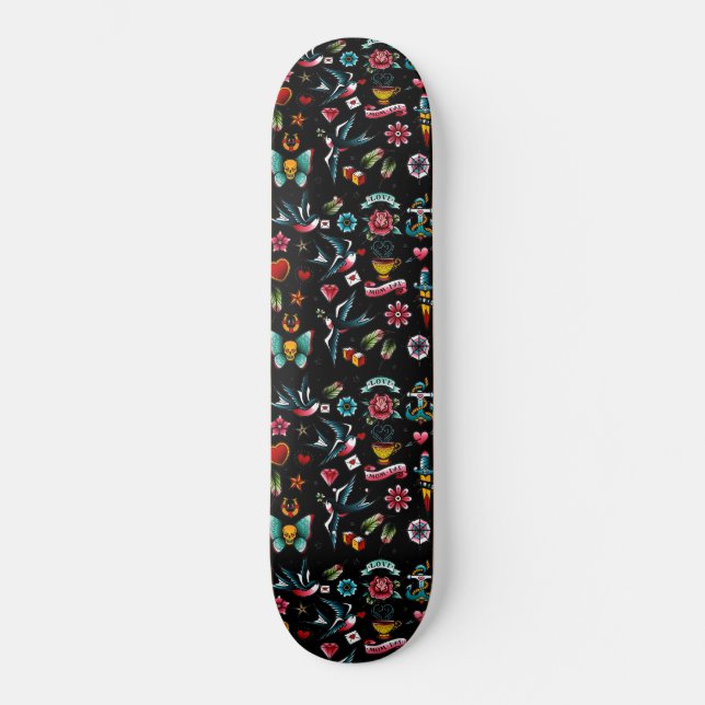 Vintage Tattoo Patterned Skateboard (Front)