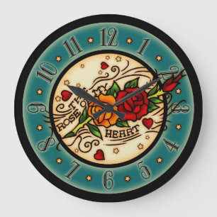 Vintage Tattoo Rose Of My Heart Large Clock