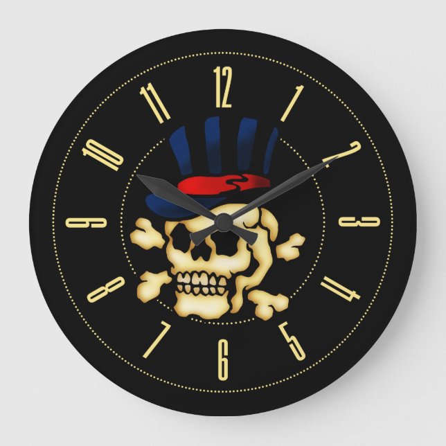 Vintage Tattoo Skull In Top Hat Large Clock (Front)