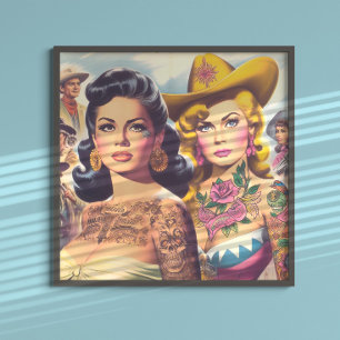 Vintage Tattooed Cowgirls Poster
