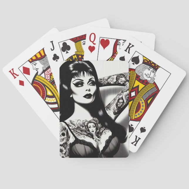 Vintage Tattooed Goth Girl Playing Cards (Back)