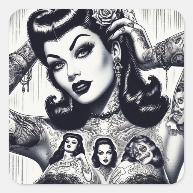 Vintage Tattooed Goth Girl Square Sticker (Front)