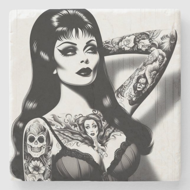 Vintage Tattooed Goth Girl Stone Coaster (Front)