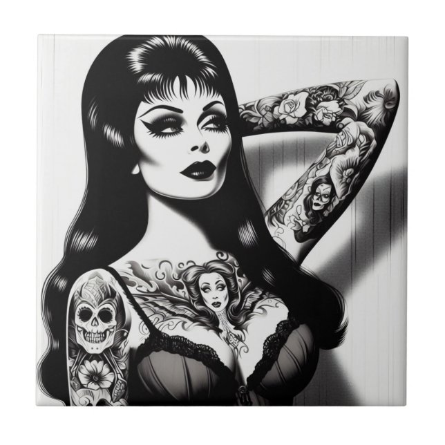 Vintage Tattooed Goth Girl Tile (Front)