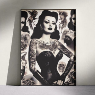 Vintage Tattooed Goth Woman Collage Poster