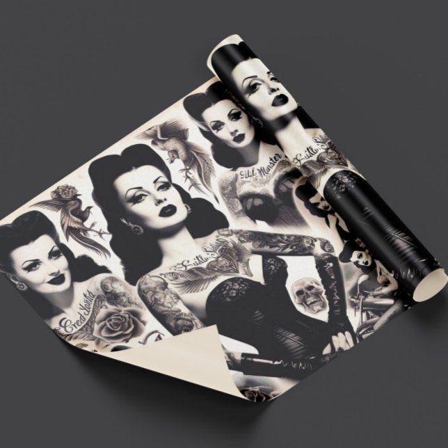 Vintage Tattooed Goth Woman Collage Wrapping Paper (Creator Uploaded)