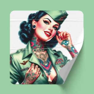 Vintage Tattooed Military Woman Square Sticker