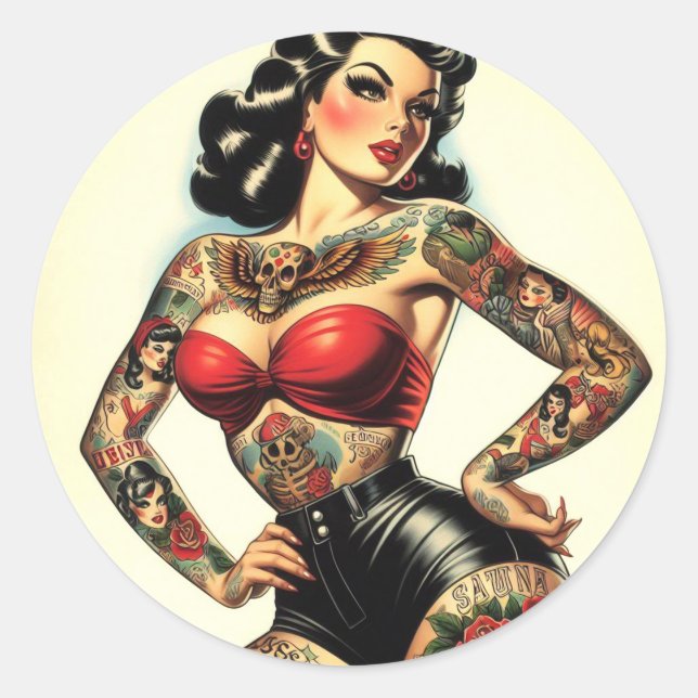 Vintage Tattooed Pin-up Classic Round Sticker (Front)