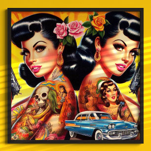 Vintage Tattooed Twins Pin-ups Poster