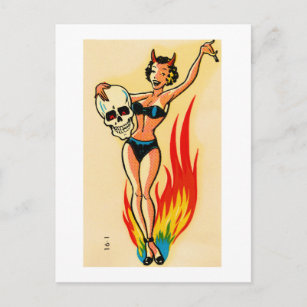 Vintage Tattoos Flaming Pin-Up Girl Postcard