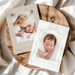 Vintage Taupe Bow 2 Photo Birth Announcement<br><div class="desc">Celebrate your little one's arrival with our elegant Vintage Taupe Bow birth announcement. Showcase your newborn's photo framed by a charming warm-taupe bow, with your baby’s name in a lovely handwritten taupe script. Below, you can add birth details like weight, length, and date. The back offers space for an extra...</div>