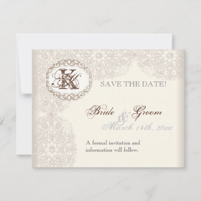Vintage Taupe Lace - Save the Date Card (Front)