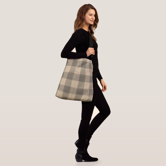 VINTAGE TAUPE TAN BROWN PLAID CHECK CROSSBODY BAG (On Model)