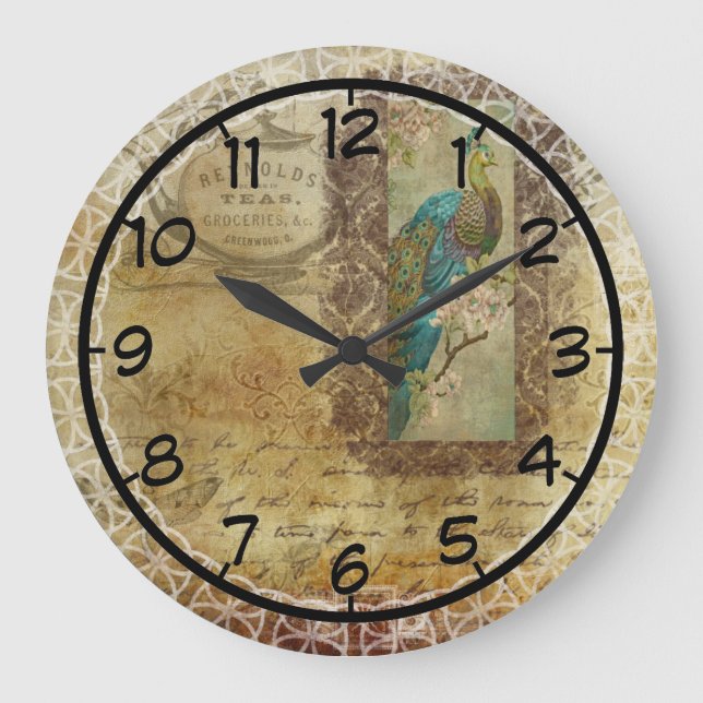 Vintage Tea Ad with Peacock Large Clock (Front)