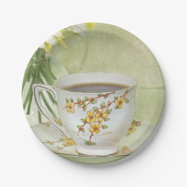 vintage tea cup set with daisies paper plate (Front)