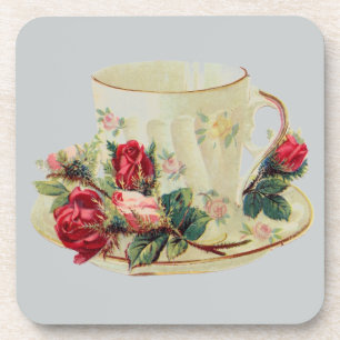 Vintage Tea Cup With Roses Coaster