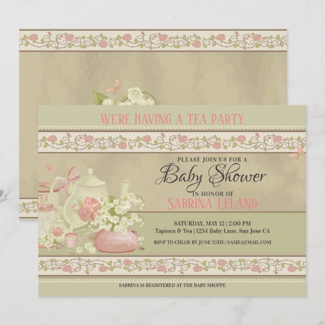 Vintage Tea Party Baby Shower Invitation (Front/Back)