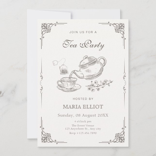 Vintage tea pot  invitation (Front)