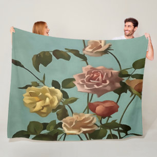 Vintage Tea Rose and Blush Roses Fleece Blanket