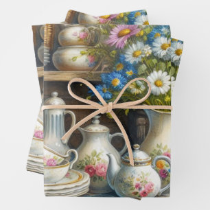 Vintage Tea Set and Wildflowers Wrapping Paper Sheet