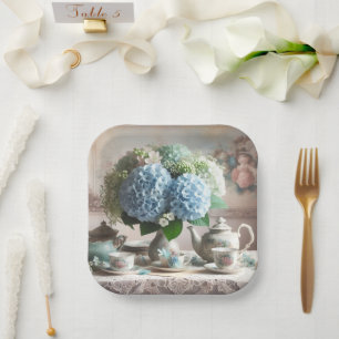 Vintage Tea Time Blue Hydrangea Flower  Paper Plate
