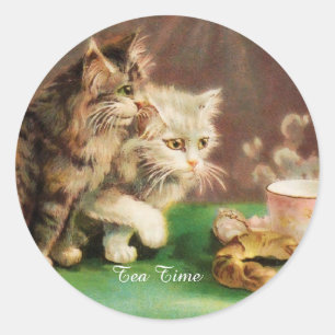 Vintage tea time cats custom   classic round sticker