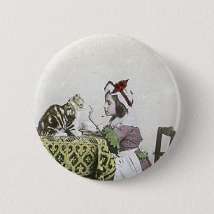 Vintage Tea Time Party With Naughty Kitty 2 Inch Round Button