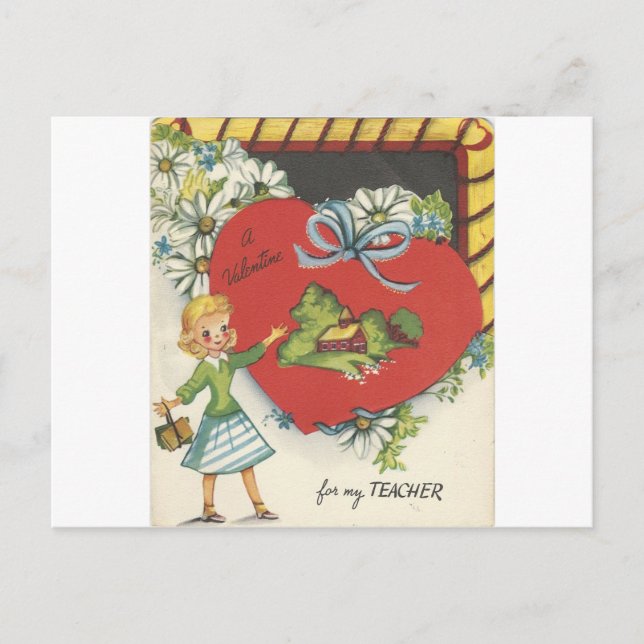 Vintage Teacher With Schoolhouse Valentine Holiday Postcard (Front)