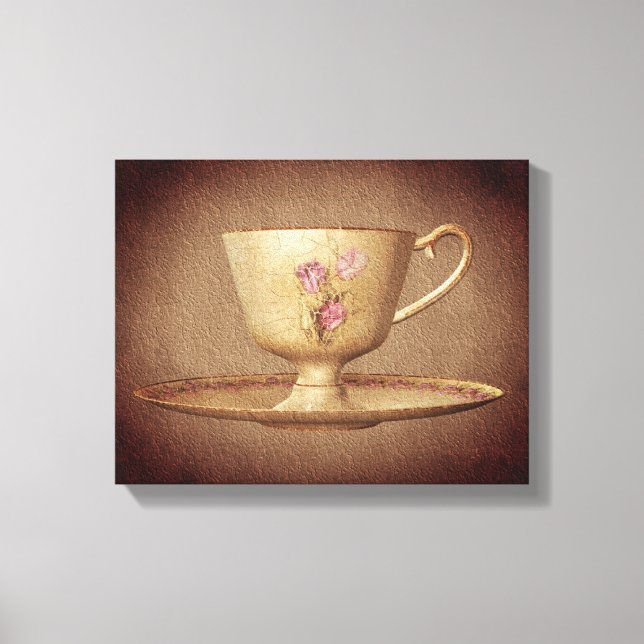Vintage Teacup On Aged Paper Art Canvas Print (Front)