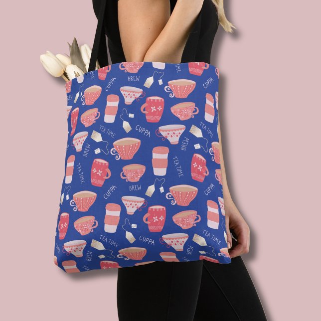 Vintage teacup peach and blue pattern tote bag (Vintage teacup pattern tote bag)