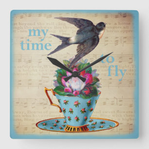 Vintage Teacup Roses and Flying Swallow Bird Square Wall Clock