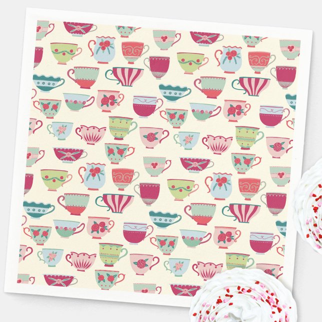 Vintage Teacup Tea Party Napkin (Modern vintage teacup tea party pattern paper napkin for celebrations and events)