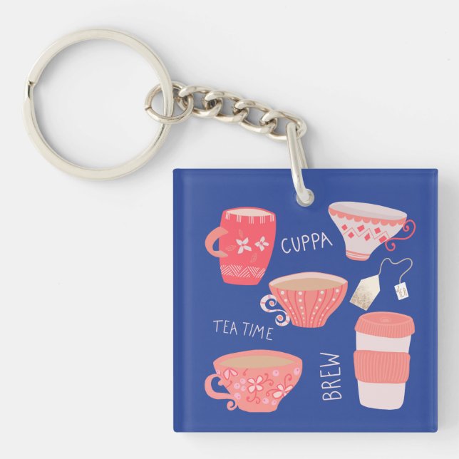 Vintage Teacup Tea Pot illustration Keychain (Front)