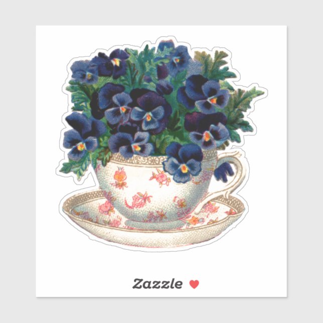 VINTAGE TEACUP WITH PANSIES TRANSPARENT STICKER (Sheet)