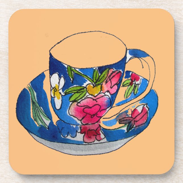 Vintage Teacups original watercolour illustration Coaster (Front)