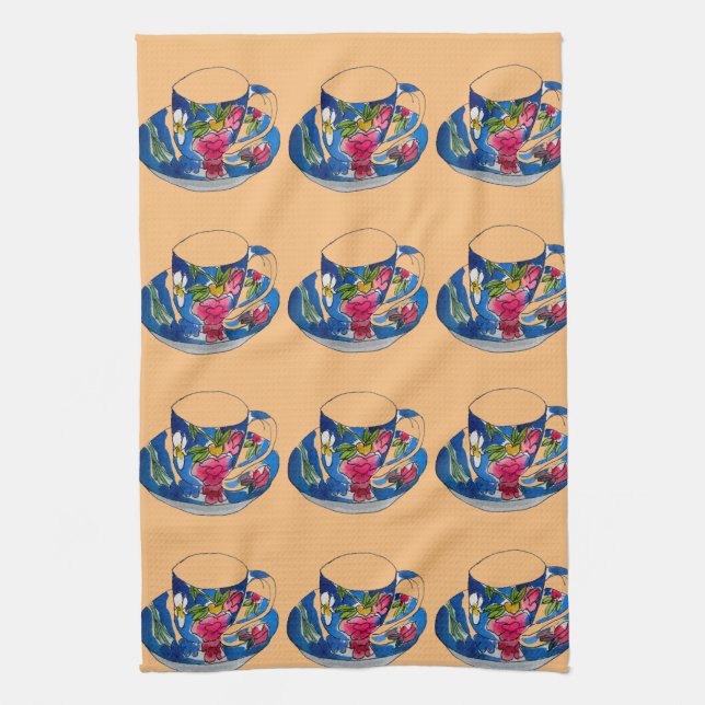 Vintage Teacups original watercolour illustration Kitchen Towel (Vertical)