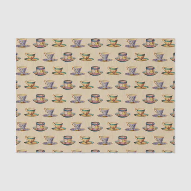 Vintage Teacups Pattern Beige Tissue Paper (Front)