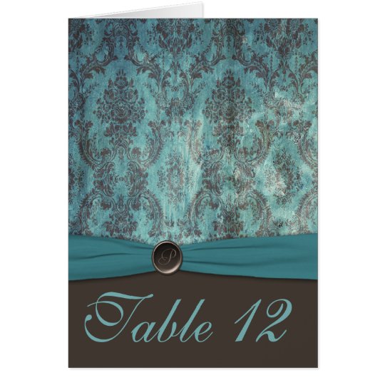Vintage Teal and Brown Damask Table Number Card