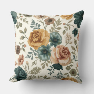 Vintage Teal and Mustard Watercolor Floral Pattern Throw Pillow