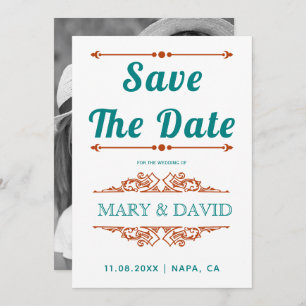 Vintage teal and rust typography Save the Date
