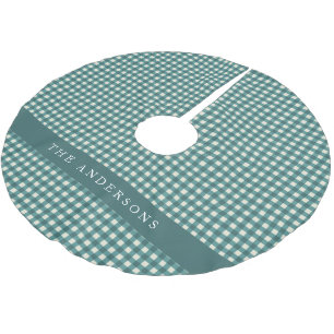 Vintage Teal and White Gingham Plaid Personalized Brushed Polyester Tree Skirt