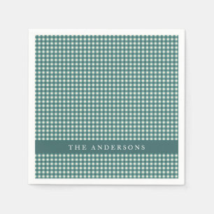 Vintage Teal and White Gingham Plaid Personalized  Napkin
