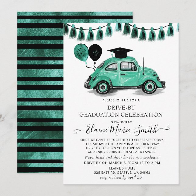 Vintage Teal Beetle Balloons Drive By Graduation Invitation (Front/Back)
