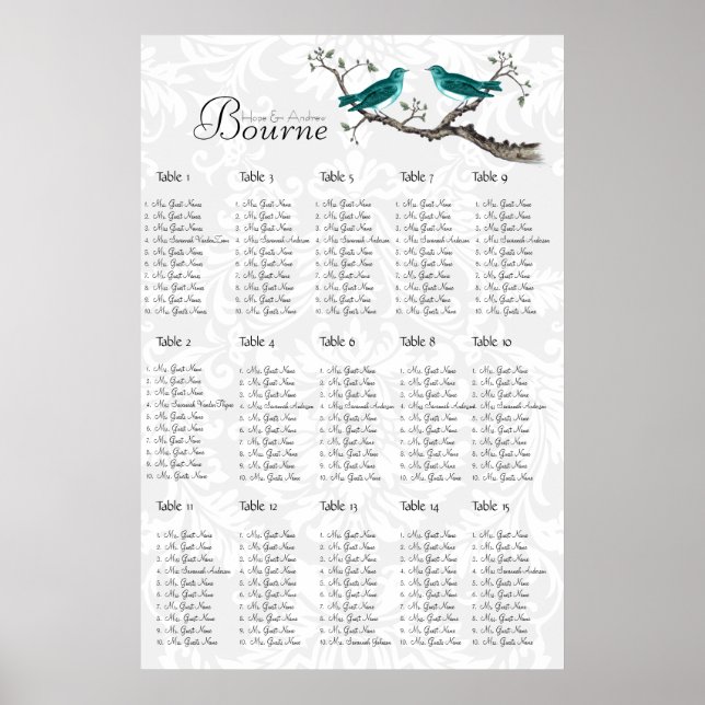 Vintage Teal Bird Seating Chart click customize (Front)