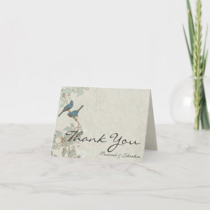 Vintage Teal Birds Damask Thank You Cards