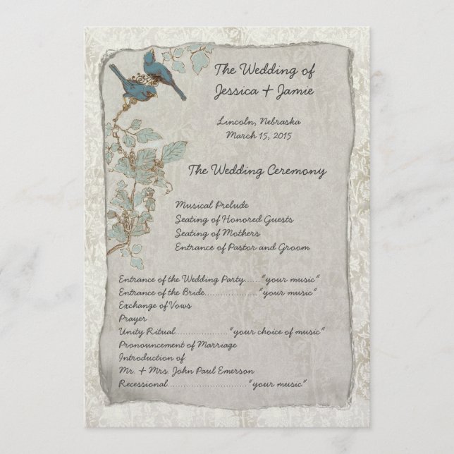 Vintage Teal Birds Damask Wedding Program (Front)