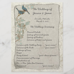 Vintage Teal Birds Damask Wedding Program