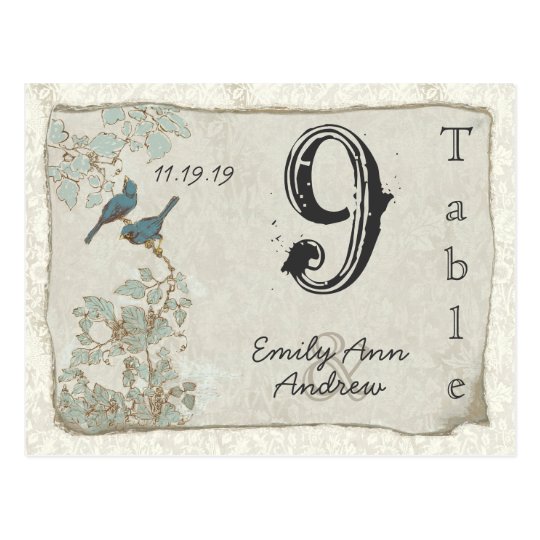 Vintage Teal Birds Damask Wedding Table Number Postcard