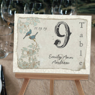Vintage Teal Birds Damask Wedding Table Number Postcard